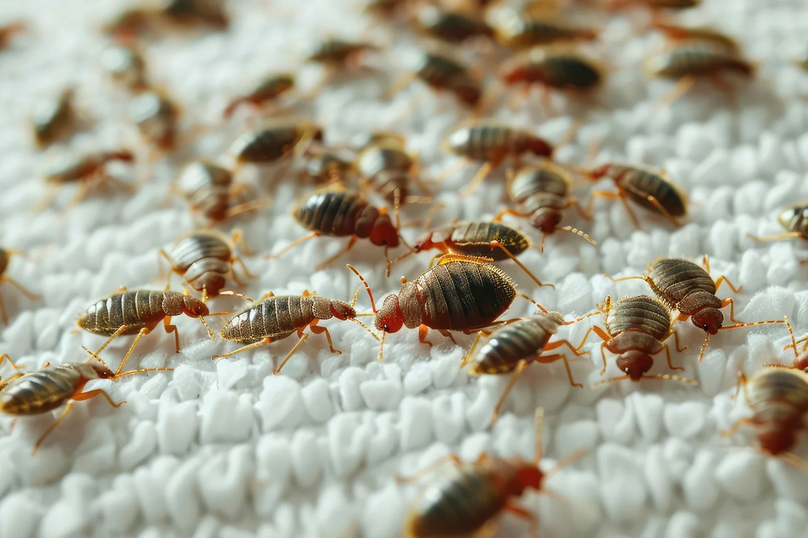 Close-up of bed bugs on a white surface, emphasizing the importance of bed bug control services in Austin, TX.