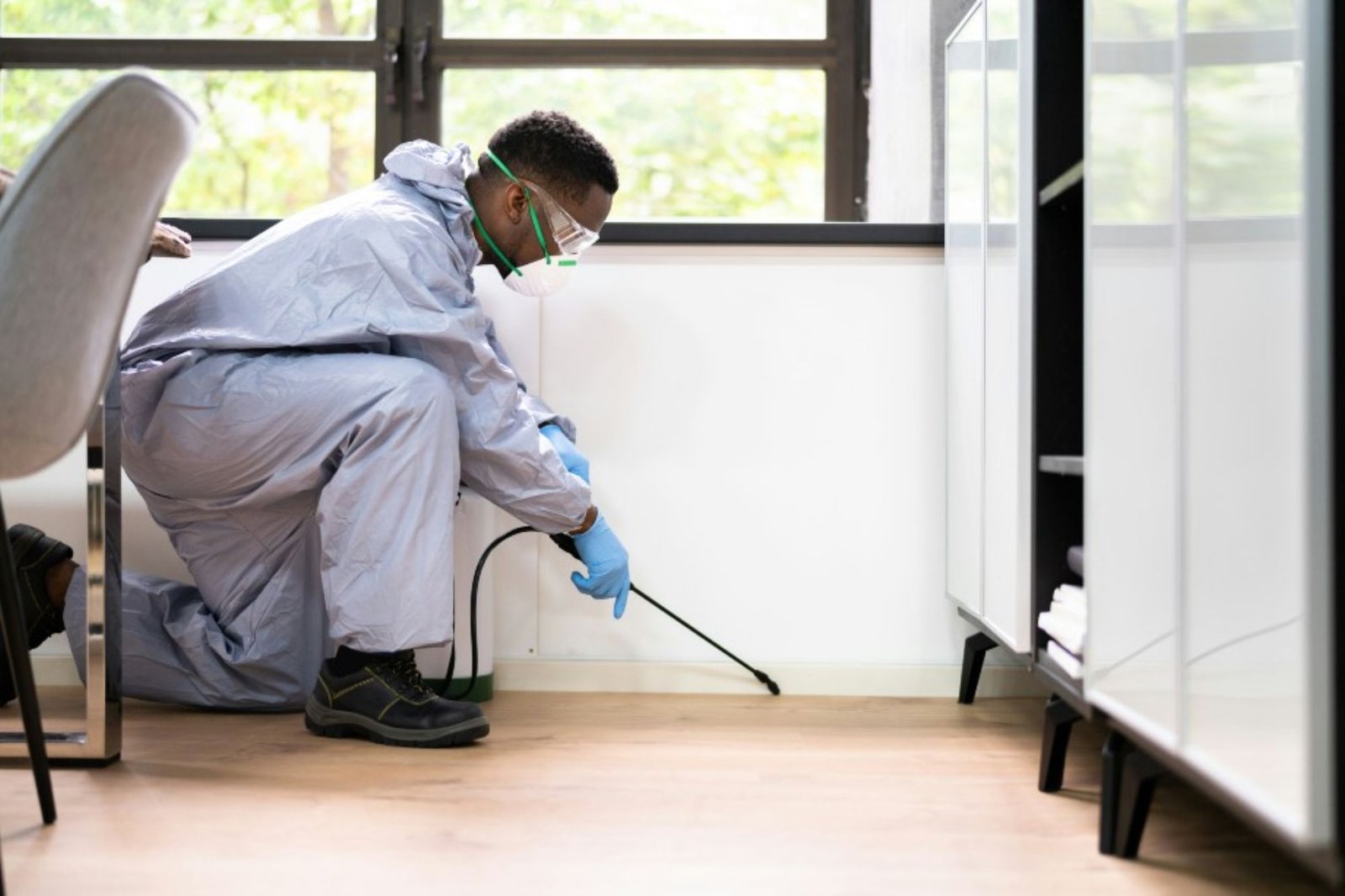 A man wearing a protective suit and gloves sprays a room for pest control, representing a service in Austin, TX.
