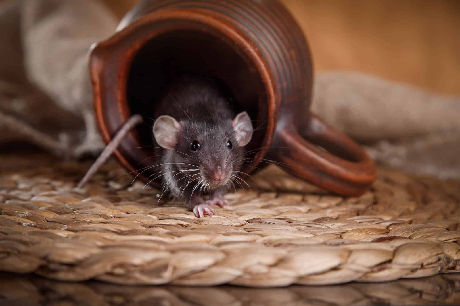 A small rat is perched inside a pot, emphasizing the importance of rodent control in Austin, TX.